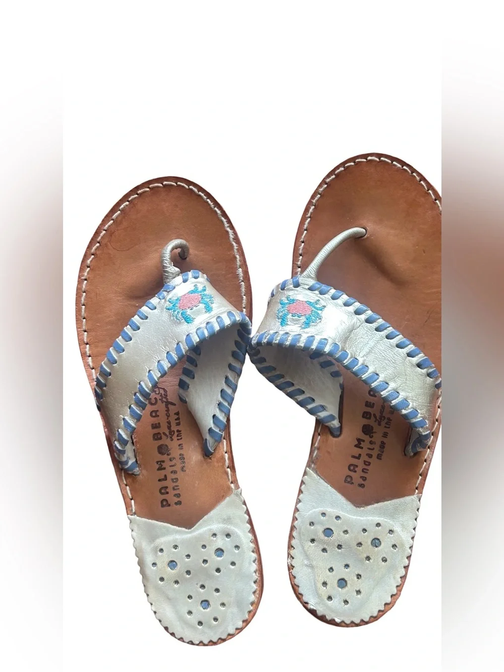 Palm Beach Sandals Handmade Leather Crab Embroidered Flip Flop Sandals, Sz 6